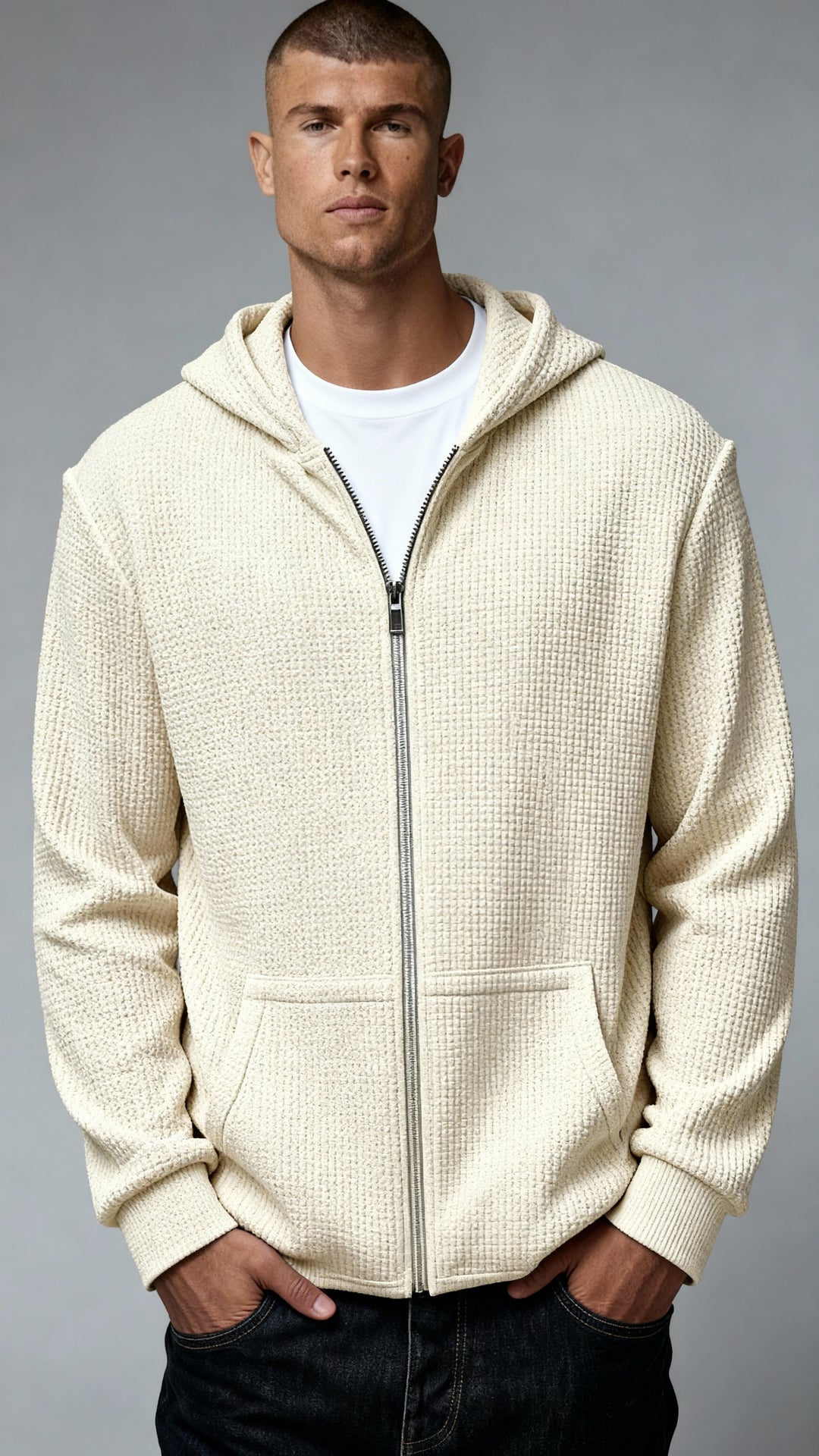 Men’s Hoodie – Regular Fit – Waffle Texture – Full Zip – Casual Style