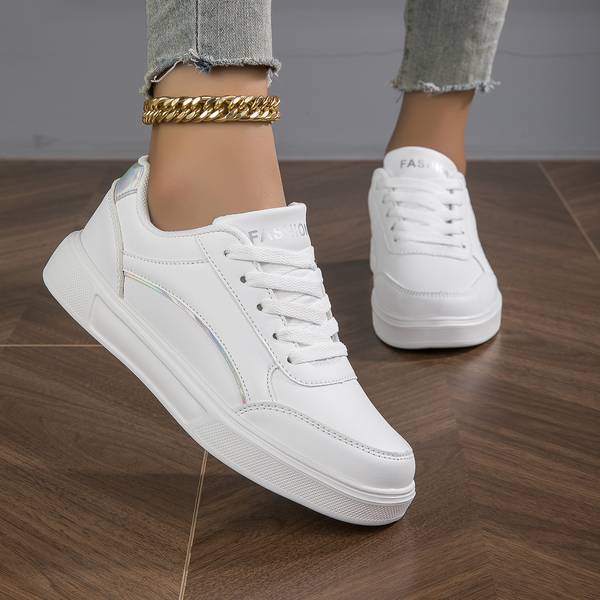 White Orthopedic PU Leather Sneakers for Women with Gold/Silver Accents Sutton James