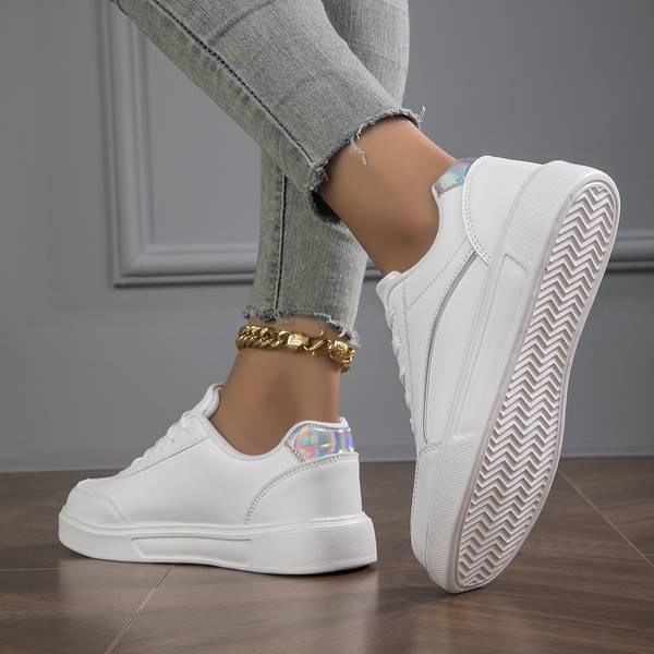 White Orthopedic PU Leather Sneakers for Women with Gold/Silver Accents Sutton James