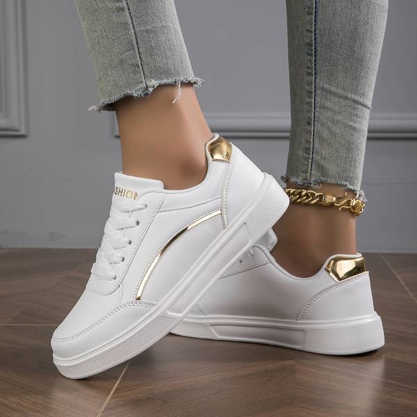 White Orthopedic PU Leather Sneakers for Women with Gold/Silver Accents Sutton James