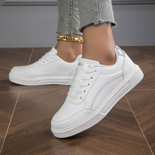 White Orthopedic PU Leather Sneakers for Women with Gold/Silver Accents Sutton James