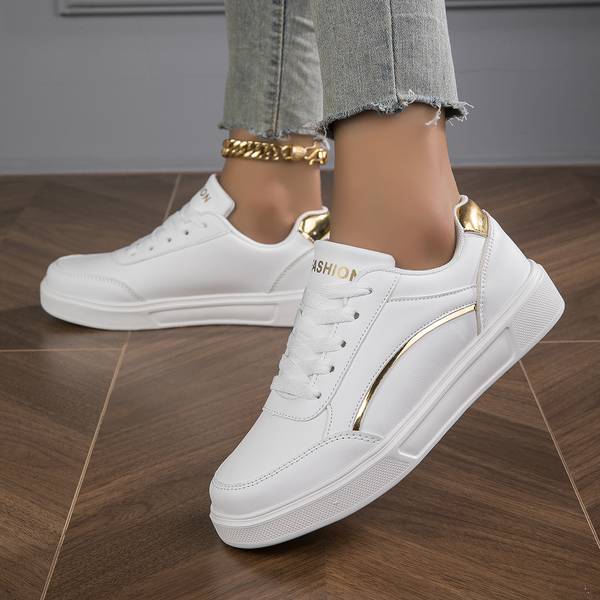 White Orthopedic PU Leather Sneakers for Women with Gold/Silver Accents Sutton James