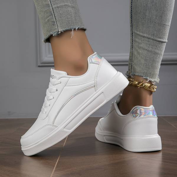 White Orthopedic PU Leather Sneakers for Women with Gold/Silver Accents Sutton James