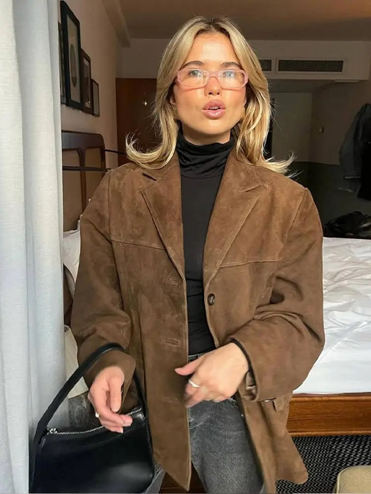 Women's Oversized Brown Suede Trenchcoat with Wide Lapel | Ideal for Autumn/Winter Sutton James