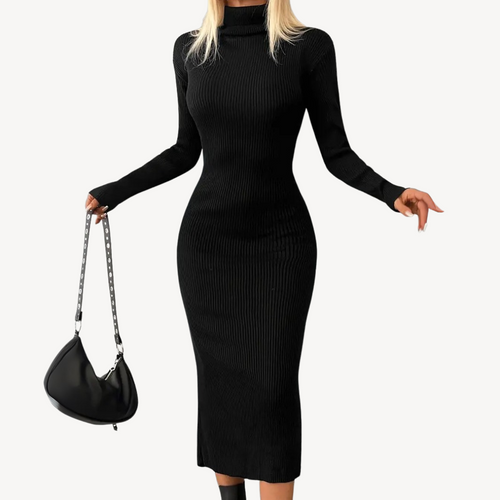 Black Ribbed Knit Turtleneck Dress for Women Sutton James