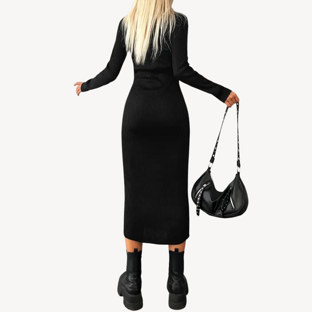 Black Ribbed Knit Turtleneck Dress for Women Sutton James