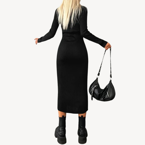 Black Ribbed Knit Turtleneck Dress for Women Sutton James