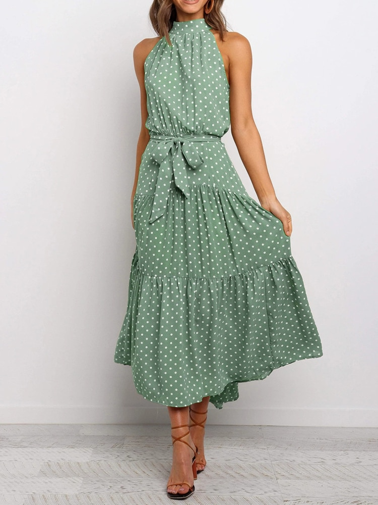 Women's Halter Midi Dress - Polka Dot Print - Fit-and-Flare - Waist Tie - Flowy Sutton James