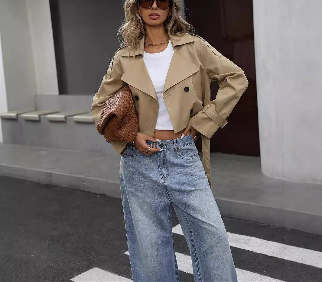 Women's Khaki Crop Trench Coat - Elegant Belt Style Sutton James