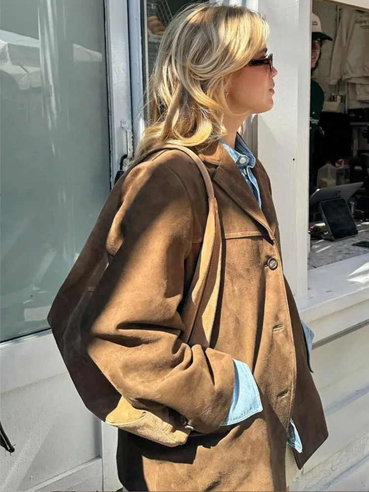 Women's Oversized Brown Suede Trenchcoat with Wide Lapel | Ideal for Autumn/Winter Sutton James