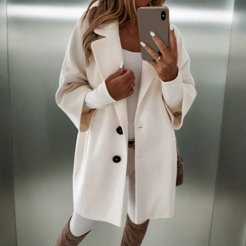 Women’s Relaxed fit Wool Overcoat – Mid Length – Classic Lapel – Button Front Sutton James