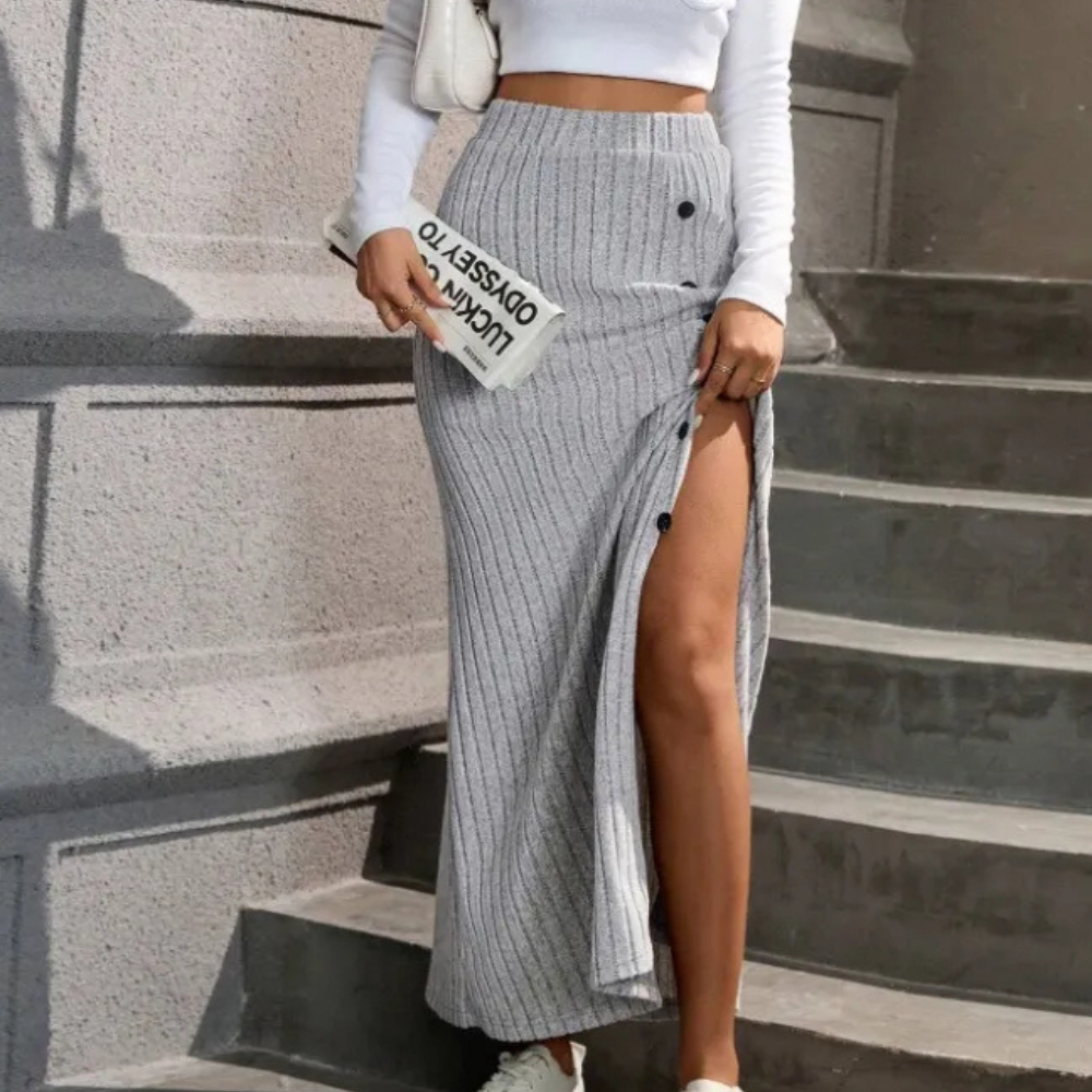 Women's grey Ribbed Maxi Skirt with buttoned slit Sutton James