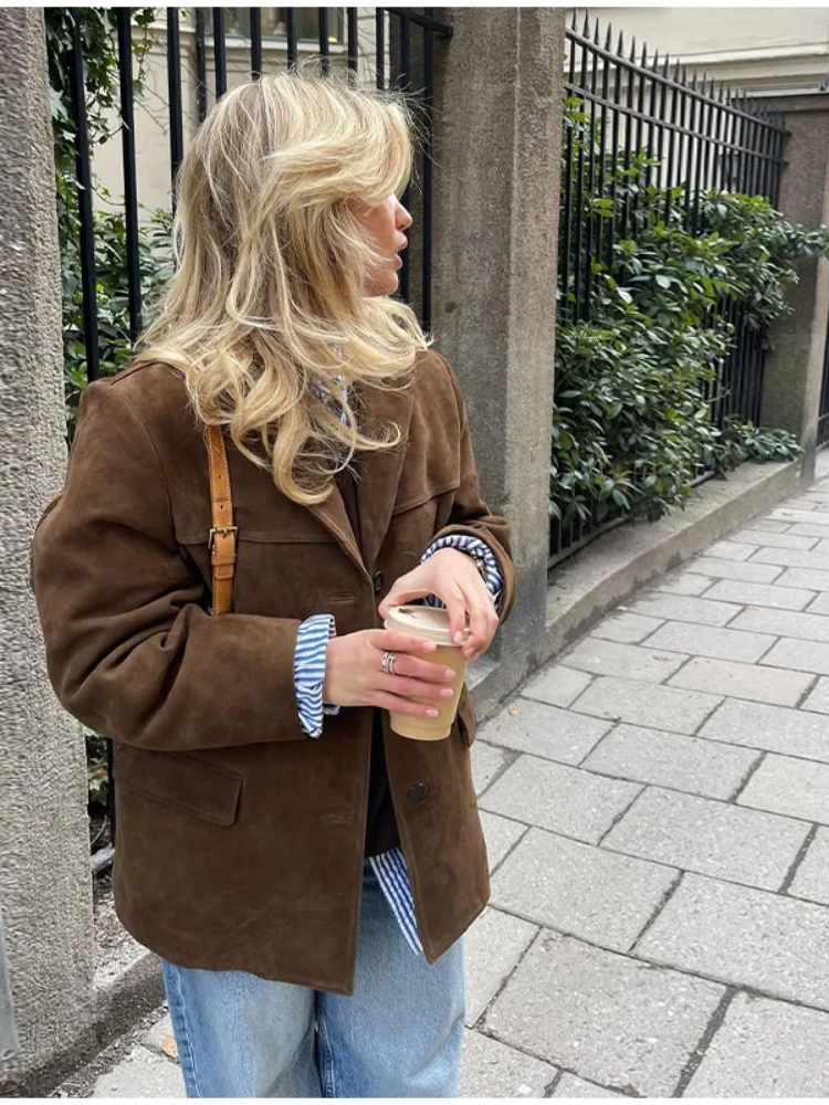 Women's Oversized Brown Suede Trenchcoat with Wide Lapel | Ideal for Autumn/Winter Sutton James
