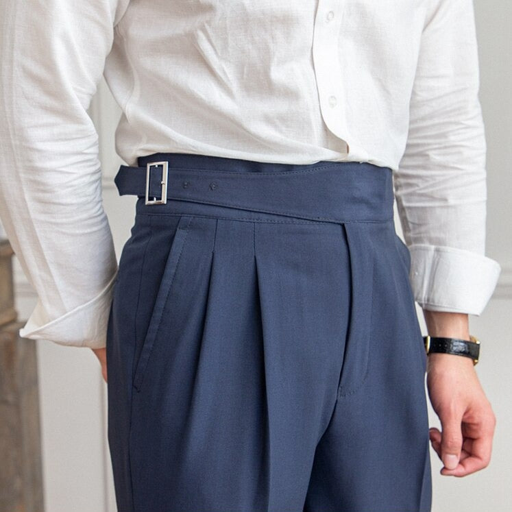 Men’s High-Waisted Trousers – Tailored Fit – Pleated Front – Adjustable Side Buckle Sutton James