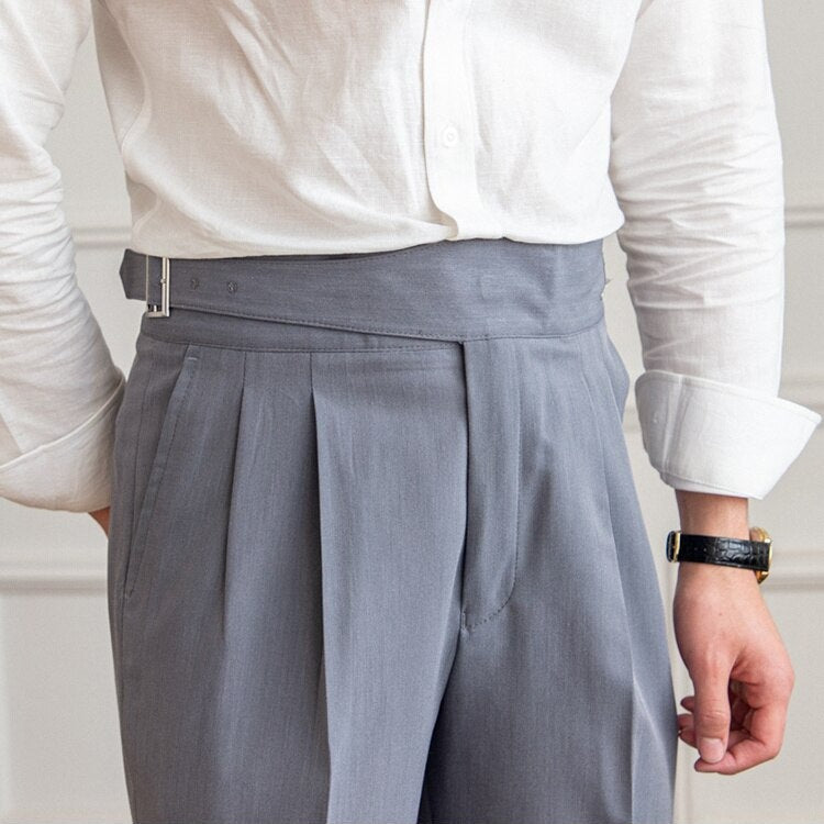Men’s High-Waisted Trousers – Tailored Fit – Pleated Front – Adjustable Side Buckle Sutton James
