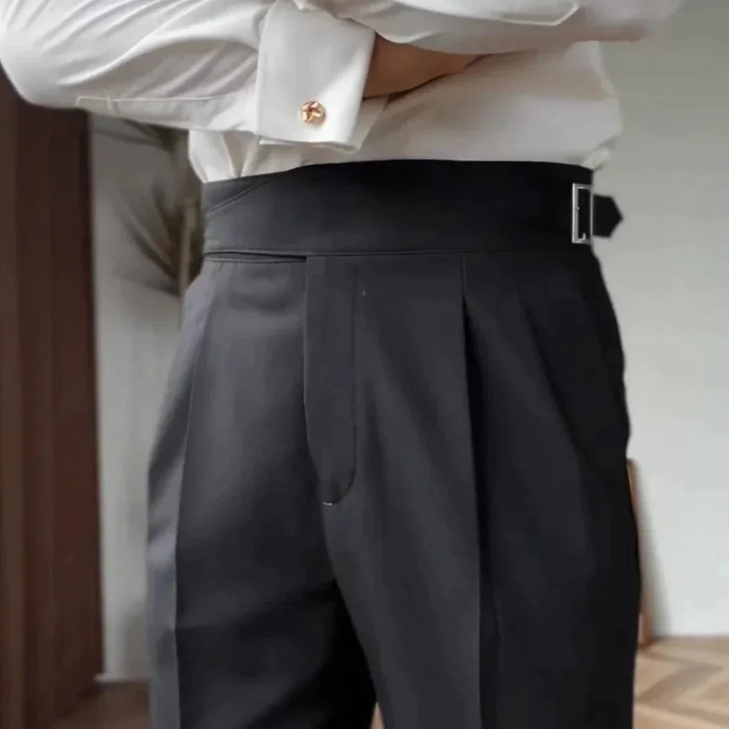 Men’s High-Waisted Trousers – Tailored Fit – Pleated Front – Adjustable Side Buckle Sutton James