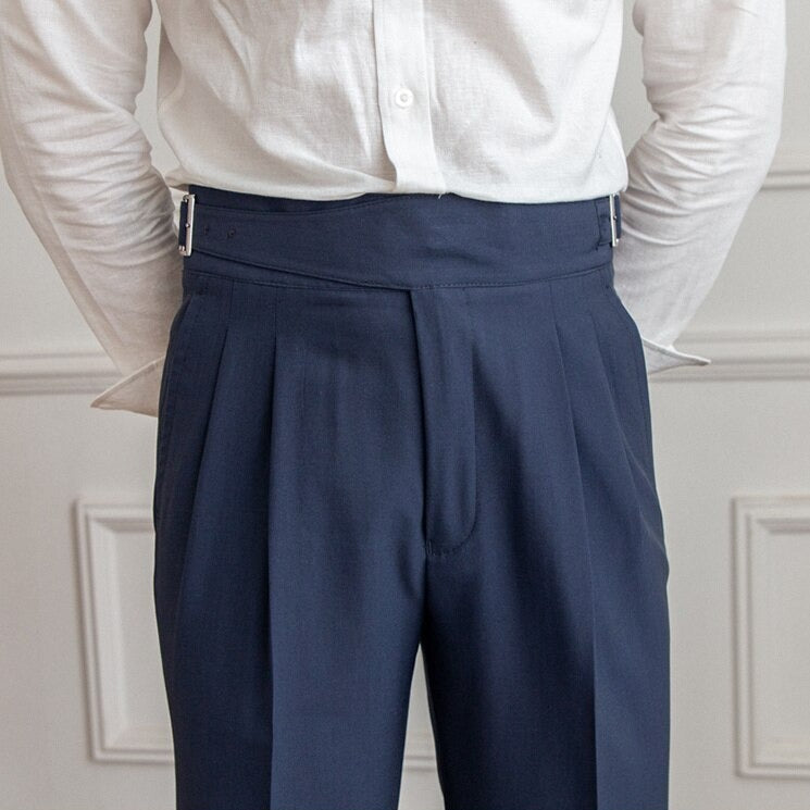 Men’s High-Waisted Trousers – Tailored Fit – Pleated Front – Adjustable Side Buckle Sutton James