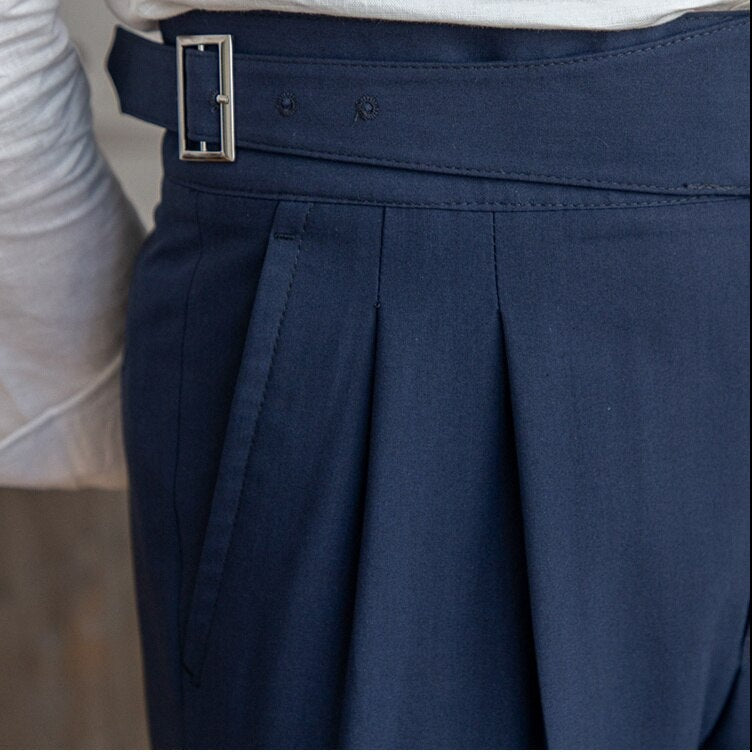 Men’s High-Waisted Trousers – Tailored Fit – Pleated Front – Adjustable Side Buckle Sutton James