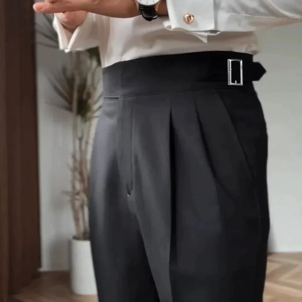 Men’s High-Waisted Trousers – Tailored Fit – Pleated Front – Adjustable Side Buckle Sutton James