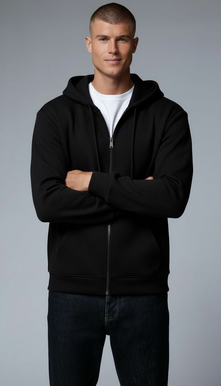 Men’s Hoodie – Regular Fit – Waffle Texture – Full Zip – Casual Style