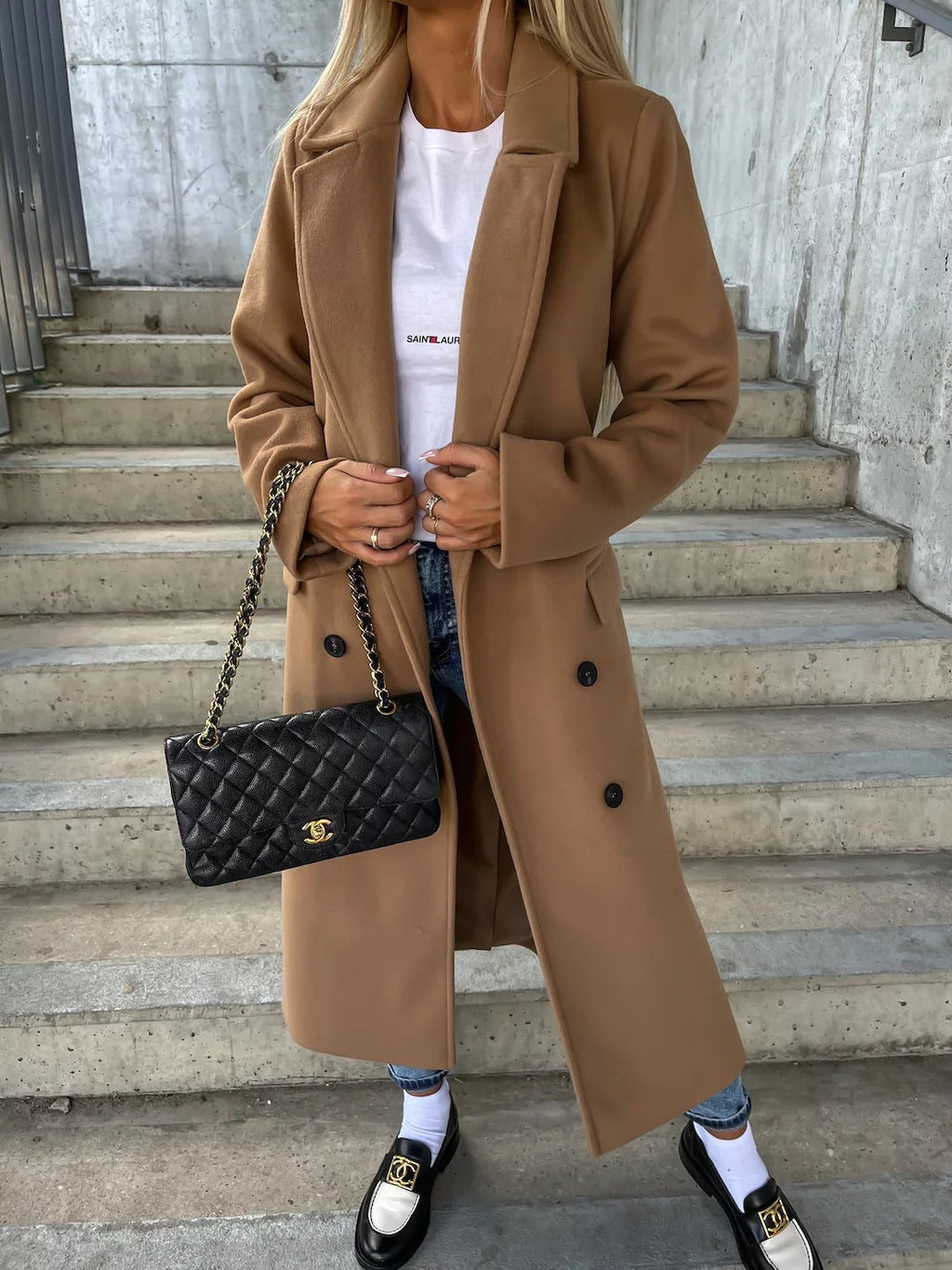 Women’s Wool Coat – Tailored Fit – Belted Waist – Lapel Collar – Full Length – Button Front Sutton James