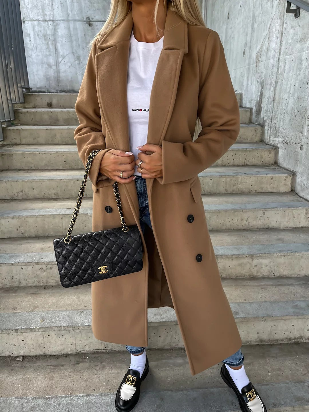 Women’s Wool Coat – Tailored Fit – Belted Waist – Lapel Collar – Full Length – Button Front Sutton James