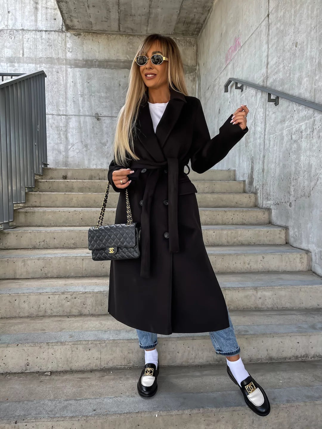 Women’s Wool Coat – Tailored Fit – Belted Waist – Lapel Collar – Full Length – Button Front Sutton James