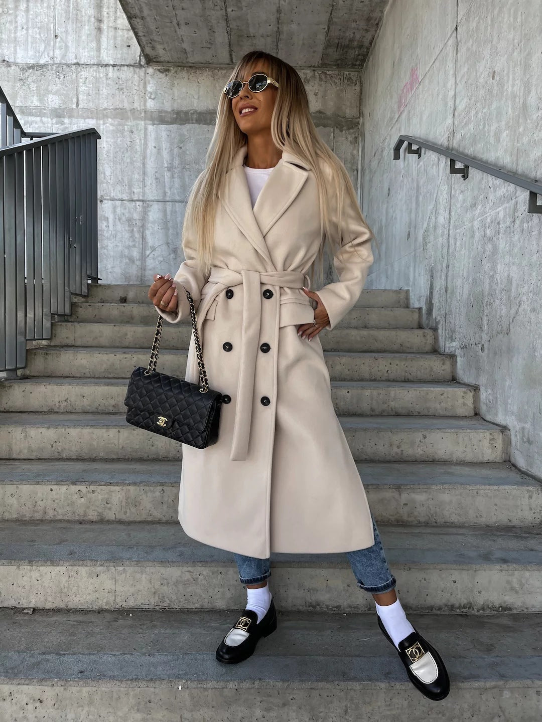 Women’s Wool Coat – Tailored Fit – Belted Waist – Lapel Collar – Full Length – Button Front Sutton James