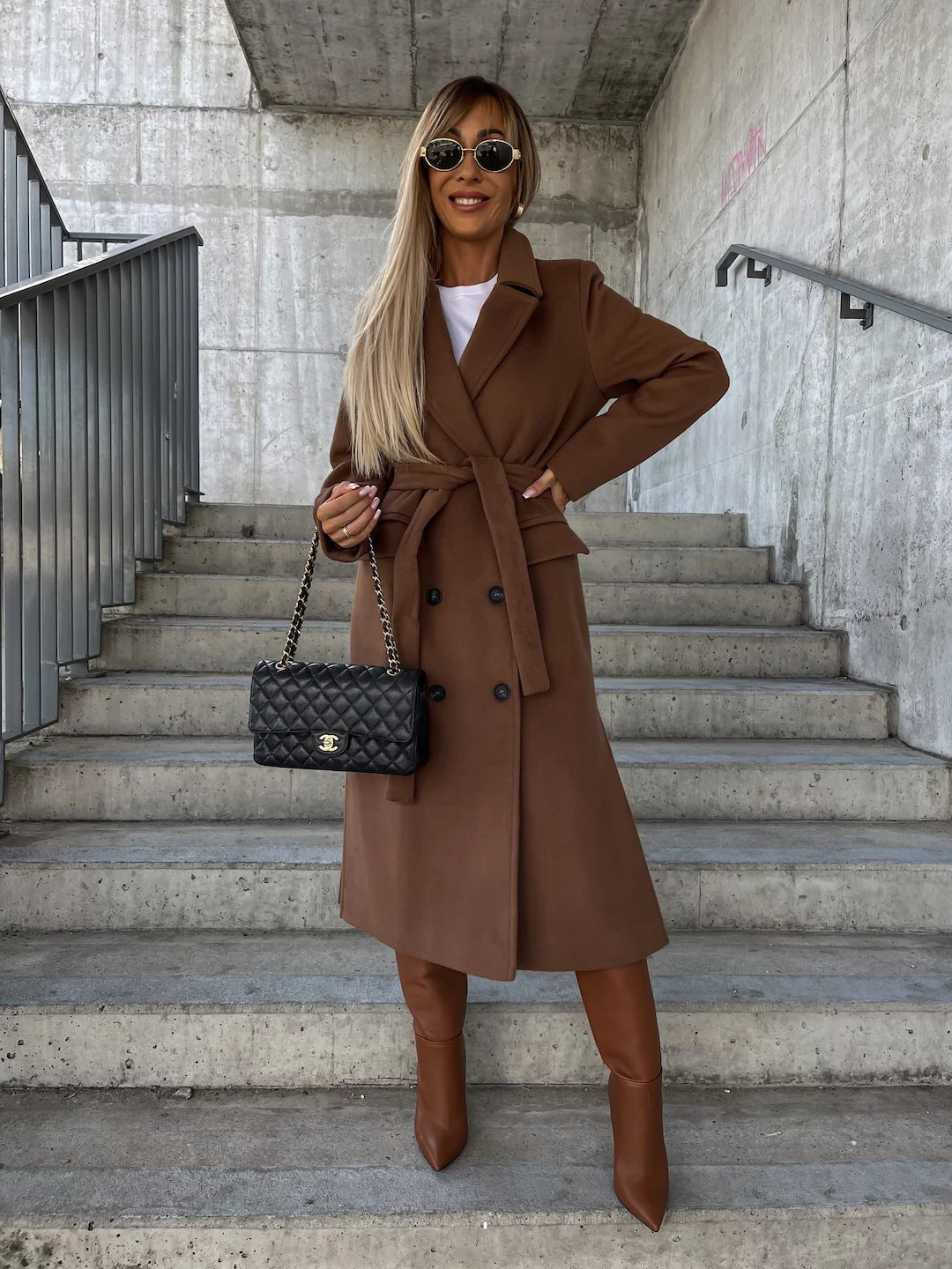 Women’s Wool Coat – Tailored Fit – Belted Waist – Lapel Collar – Full Length – Button Front Sutton James