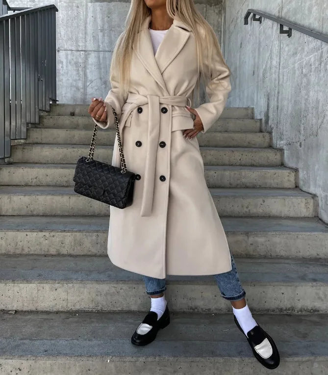 Women's Elegant Warm Long Double Breasted Winter Coat with Belt Classic Look | Ideal for Autumn/Winter Sutton James