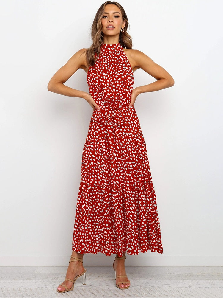Women's Halter Midi Dress - Polka Dot Print - Fit-and-Flare - Waist Tie - Flowy Sutton James