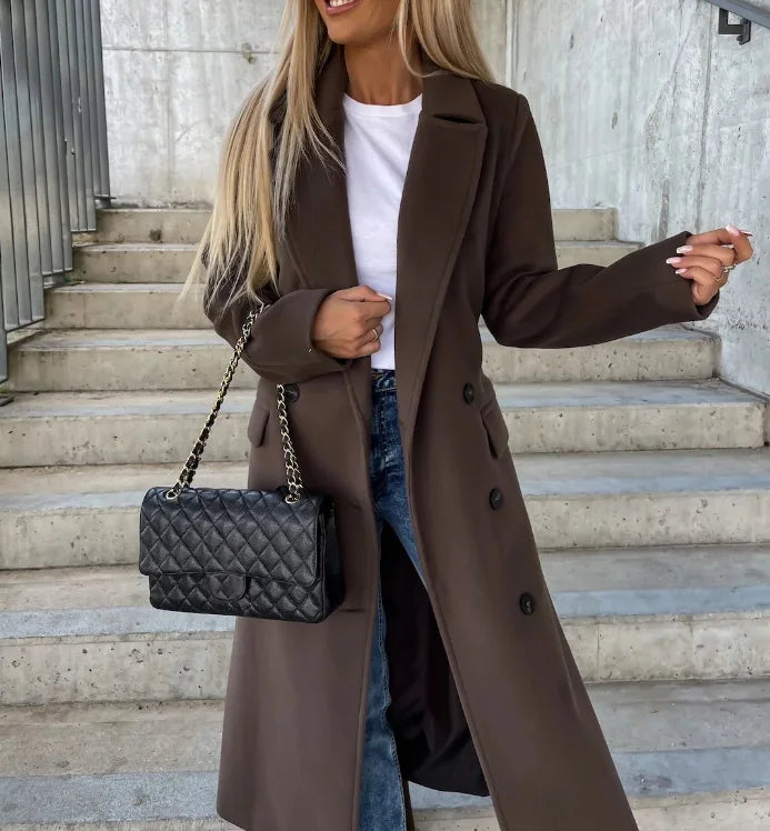 Women's Elegant Warm Long Double Breasted Winter Coat with Belt Classic Look | Ideal for Autumn/Winter Sutton James