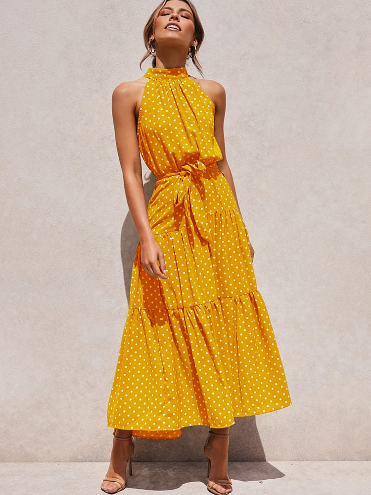 Women's Halter Midi Dress - Polka Dot Print - Fit-and-Flare - Waist Tie - Flowy Sutton James