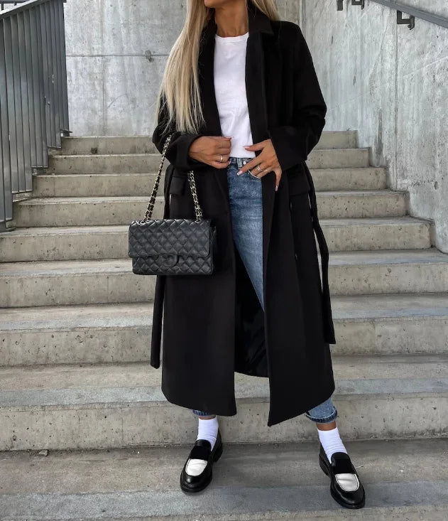 Women's Elegant Warm Long Double Breasted Winter Coat with Belt Classic Look | Ideal for Autumn/Winter Sutton James