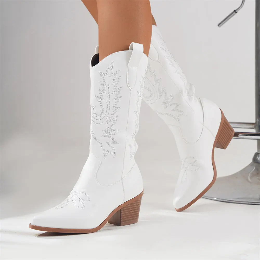 Women's Embroidered Mid-Calf Block Heel Cowboy Boots – Sutton James Sutton James