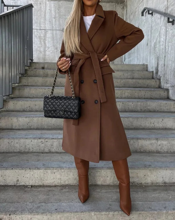 Women's Elegant Warm Long Double Breasted Winter Coat with Belt Classic Look | Ideal for Autumn/Winter Sutton James