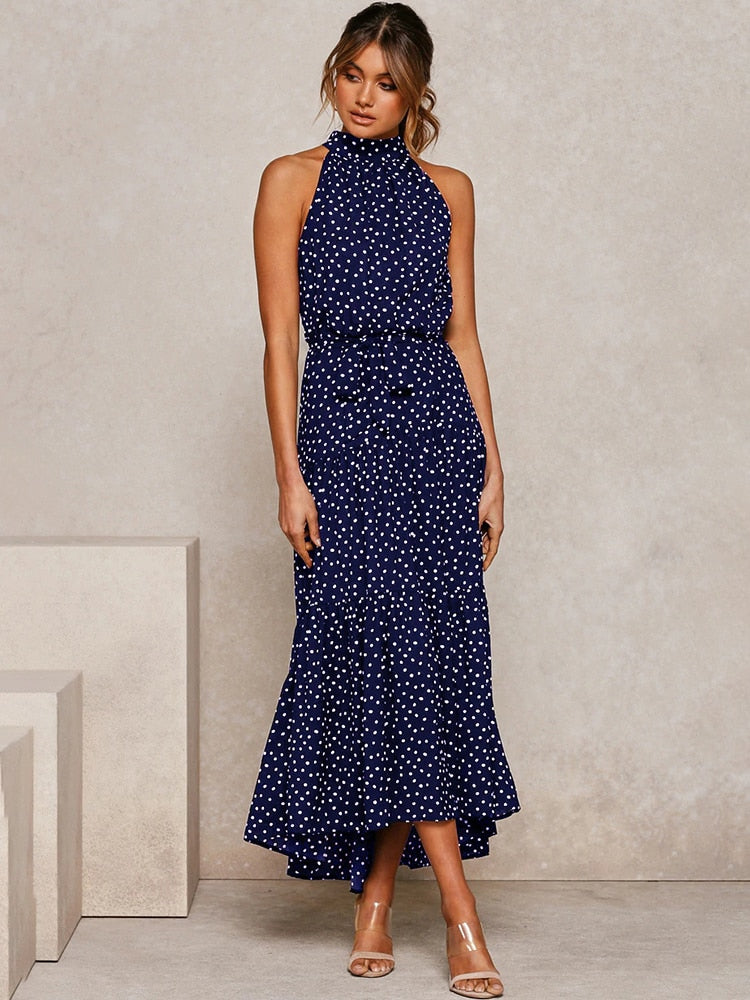 Women's Halter Midi Dress - Polka Dot Print - Fit-and-Flare - Waist Tie - Flowy Sutton James