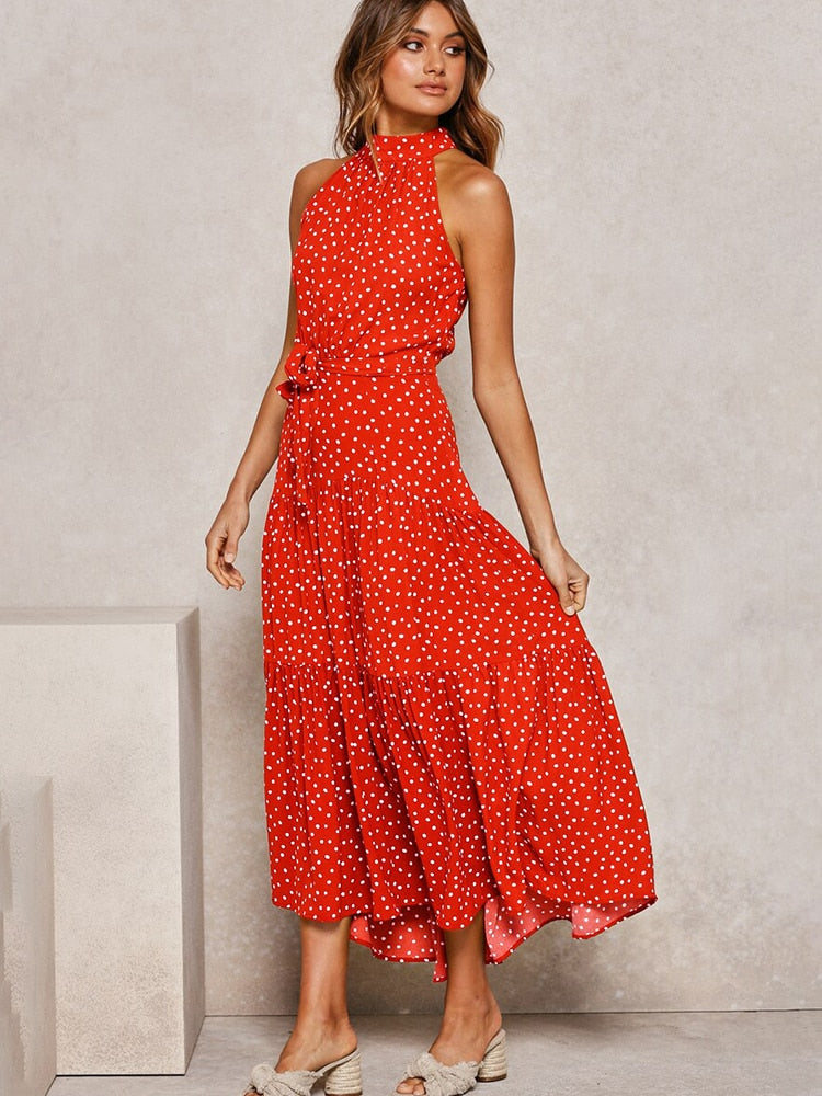 Women's Halter Midi Dress - Polka Dot Print - Fit-and-Flare - Waist Tie - Flowy Sutton James