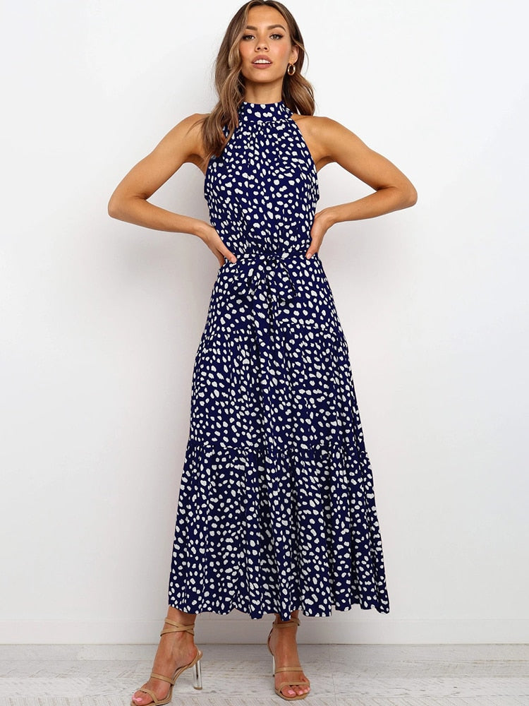 Women's Halter Midi Dress - Polka Dot Print - Fit-and-Flare - Waist Tie - Flowy Sutton James