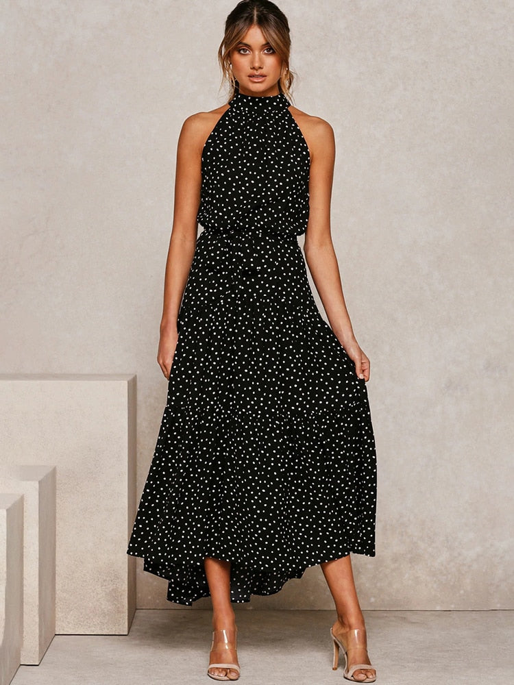Women's Halter Midi Dress - Polka Dot Print - Fit-and-Flare - Waist Tie - Flowy Sutton James