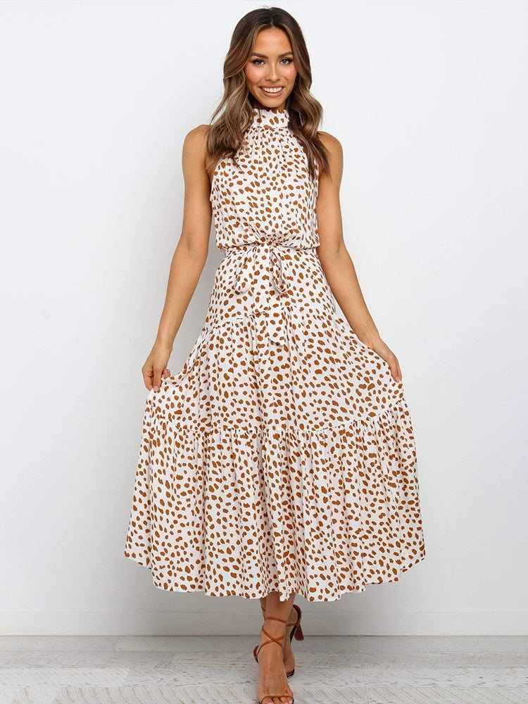 Women's Halter Midi Dress - Polka Dot Print - Fit-and-Flare - Waist Tie - Flowy Sutton James