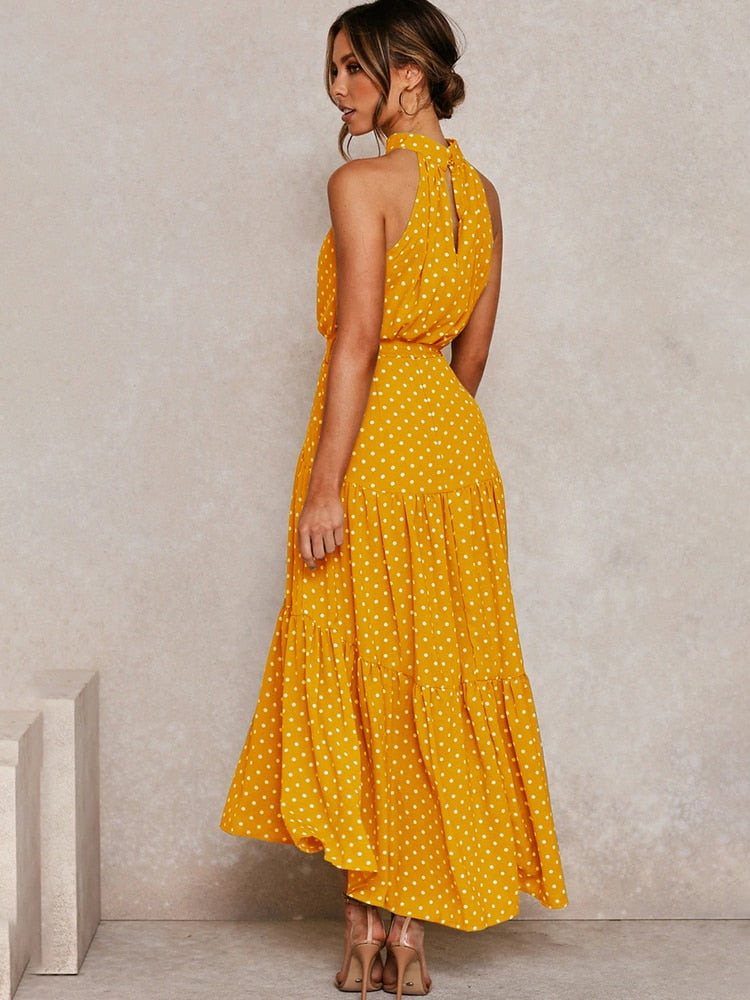Women's Halter Midi Dress - Polka Dot Print - Fit-and-Flare - Waist Tie - Flowy Sutton James
