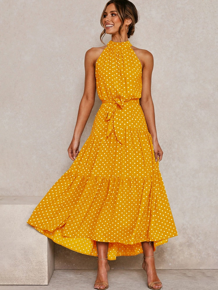 Women's Halter Midi Dress - Polka Dot Print - Fit-and-Flare - Waist Tie - Flowy Sutton James