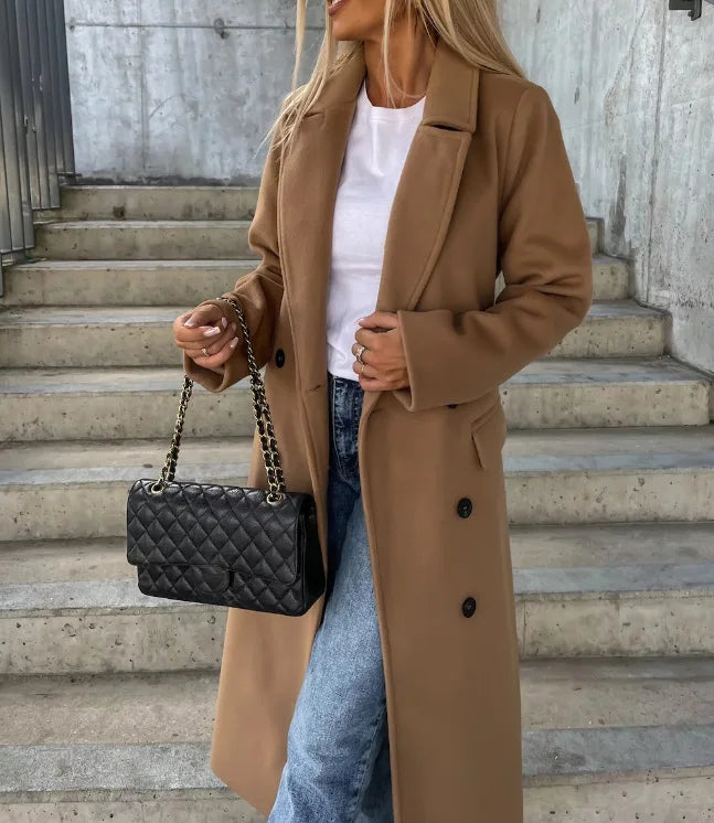 Women's Elegant Warm Long Double Breasted Winter Coat with Belt Classic Look | Ideal for Autumn/Winter Sutton James