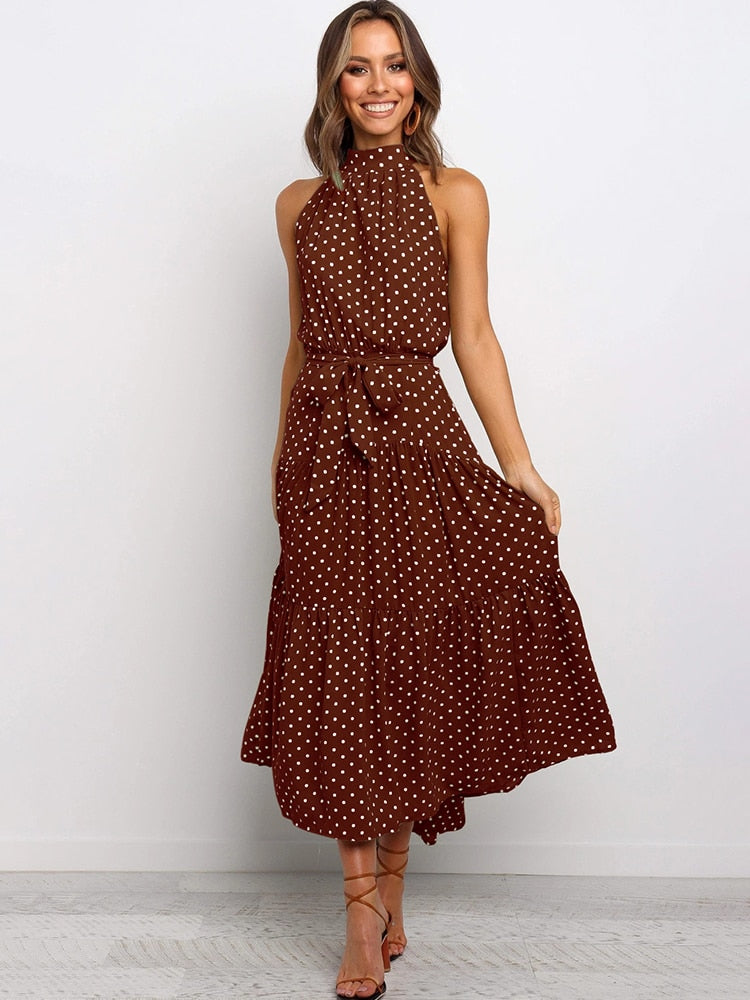 Women's Halter Midi Dress - Polka Dot Print - Fit-and-Flare - Waist Tie - Flowy Sutton James