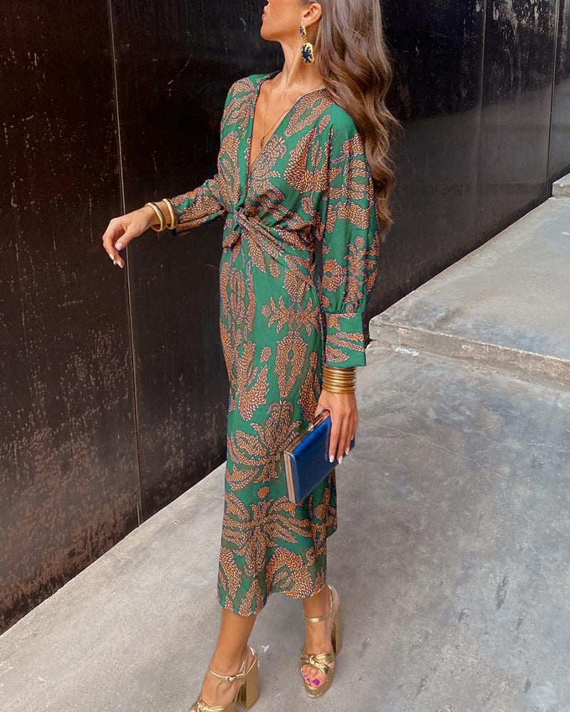 V-Neck Twist Front Midi Dress - Long Sleeve Paisley Print Cocktail Party Dress For Women Sutton James