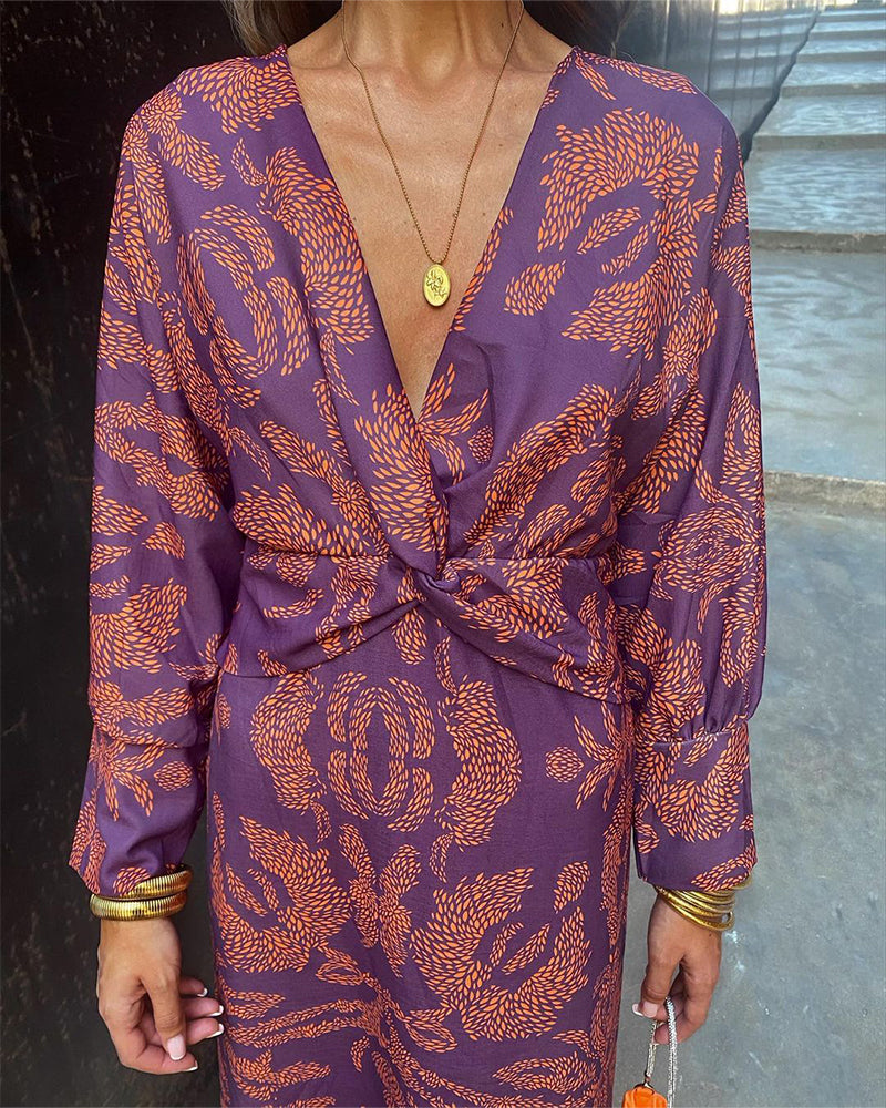 V-Neck Twist Front Midi Dress - Long Sleeve Paisley Print Cocktail Party Dress For Women Sutton James