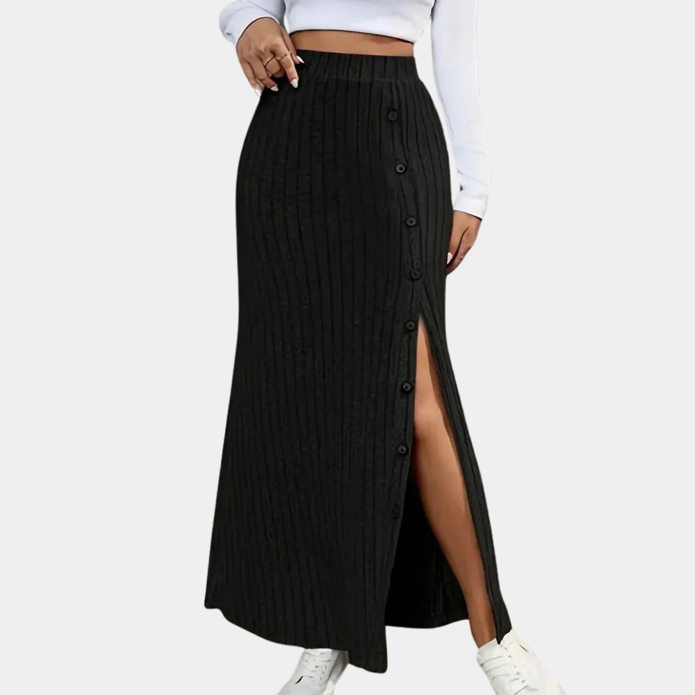 Women's grey Ribbed Maxi Skirt with buttoned slit Sutton James