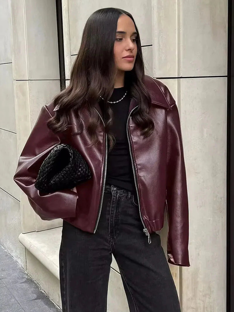 Women’s Leather Jacket – Relaxed Fit – Zip Closure – Structured Collar – Hip Length Sutton James