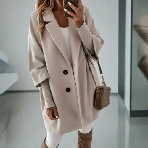 Women’s Relaxed fit Wool Overcoat – Mid Length – Classic Lapel – Button Front Sutton James